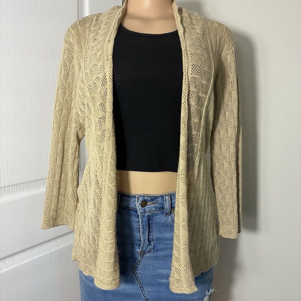 Notations Cardigan Womens Sz PXL Beige Open Front Crochet Boho Open Knit